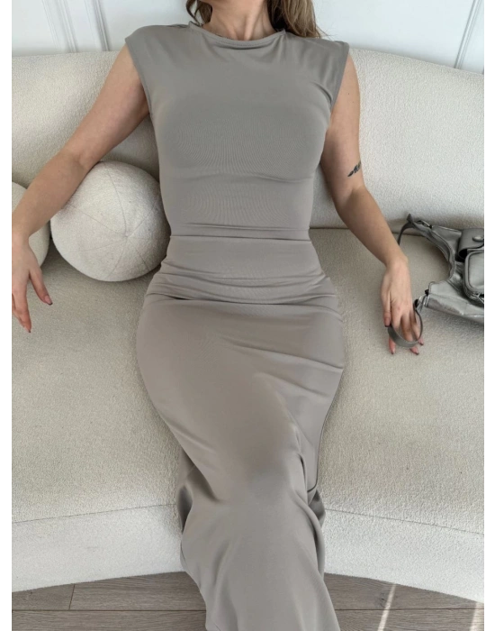 Kolsuz Uzun Likralı Elbise - Gri