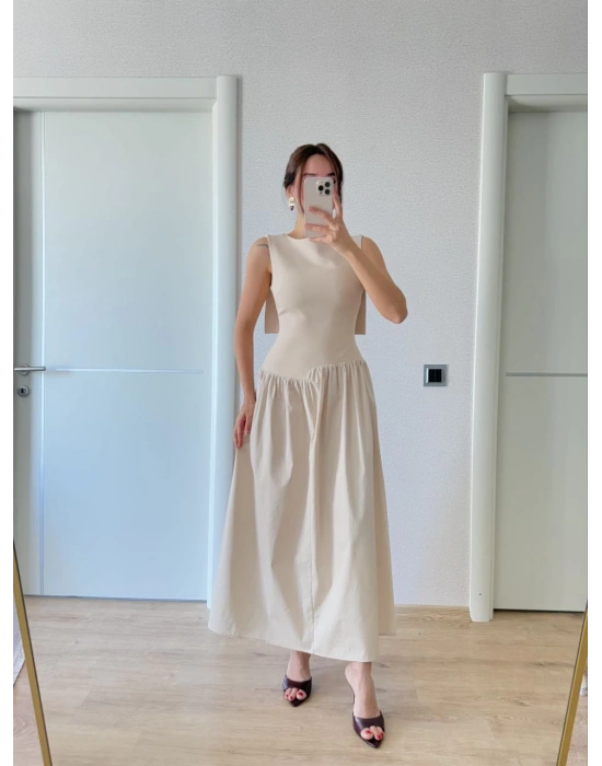 Krep Arkası Kanat Arka Ön Pens Detaylı Uzun Kadın Elbise - Bej