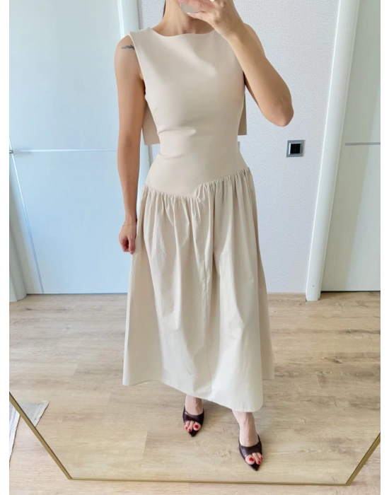 Krep Arkası Kanat Arka Ön Pens Detaylı Uzun Kadın Elbise - Bej