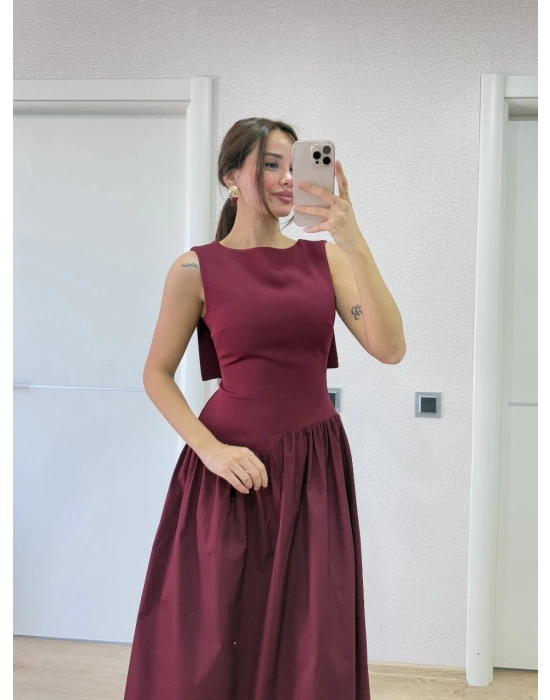 Krep Arkası Kanat Arka Ön Pens Detaylı Uzun Kadın Elbise - Bordo