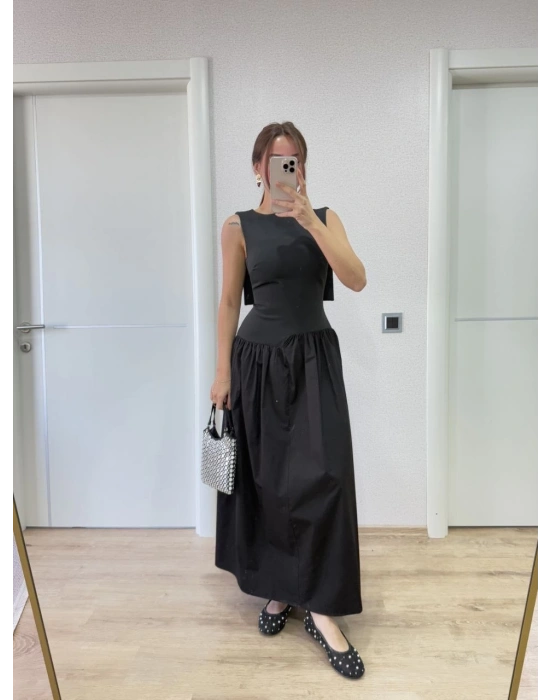 Krep Arkası Kanat Arka Ön Pens Detaylı Uzun Kadın Elbise - Siyah