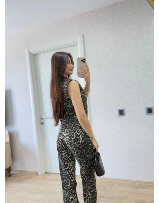 leopar desenli Düğmeli Bluzlu Pantolon İkili Takım -Leopar