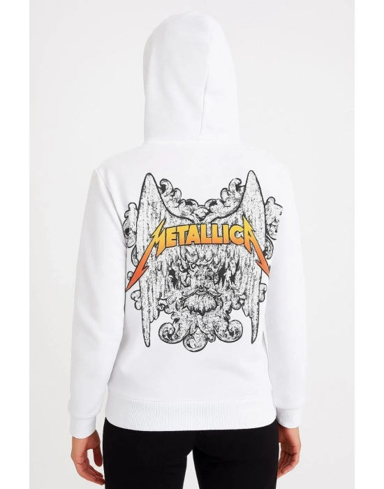 Metallica İki İplik Kapüşonlu Ön ve Arka Baskılı hoodie - Beyaz
