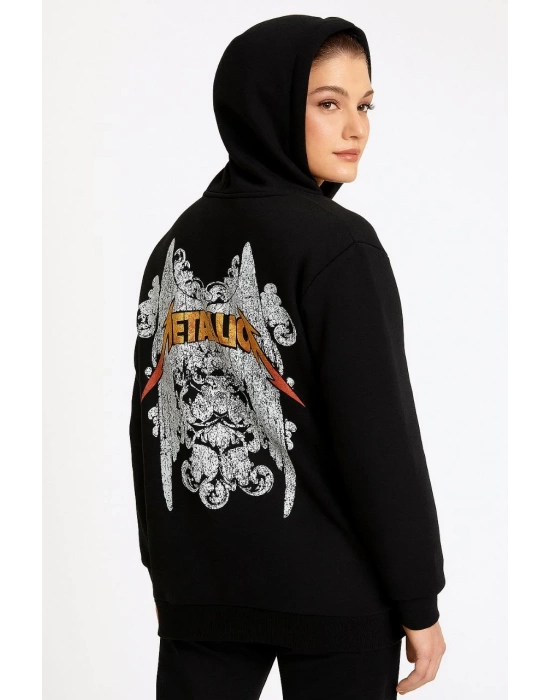 Metallica İki İplik Kapüşonlu Ön ve Arka Baskılı hoodie - Siyah