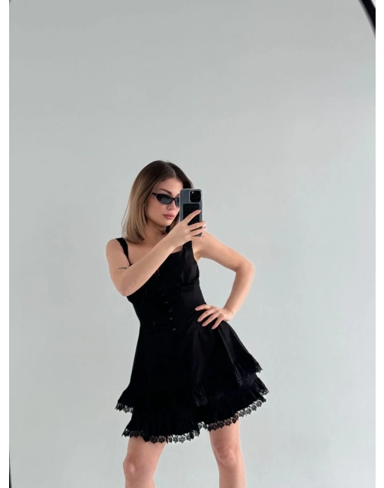 Mini Askılı Elbise - Siyah