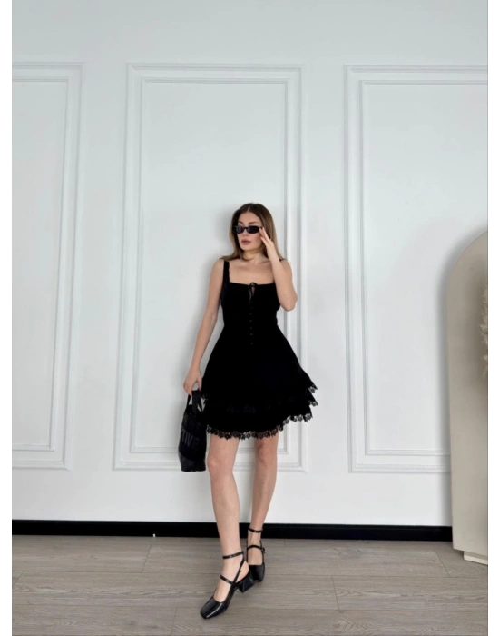 Mini Askılı Elbise - Siyah