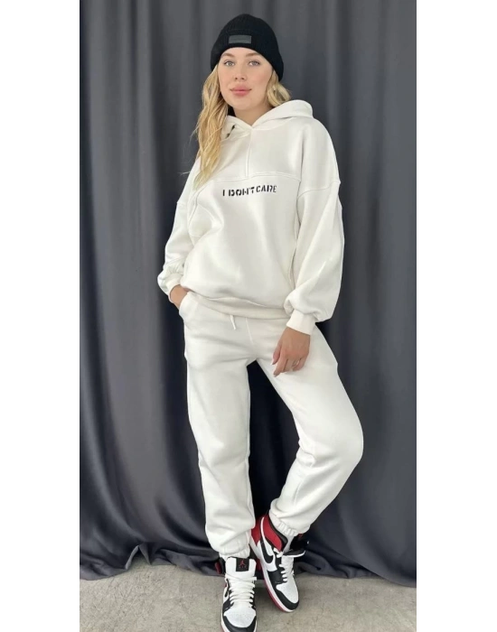 Nakış İşlemeli Üç İplik Sweat Takım- Beyaz