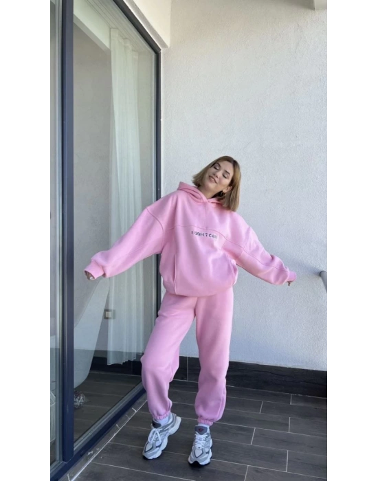 Nakış İşlemeli Üç İplik Sweat Takım- Pembe