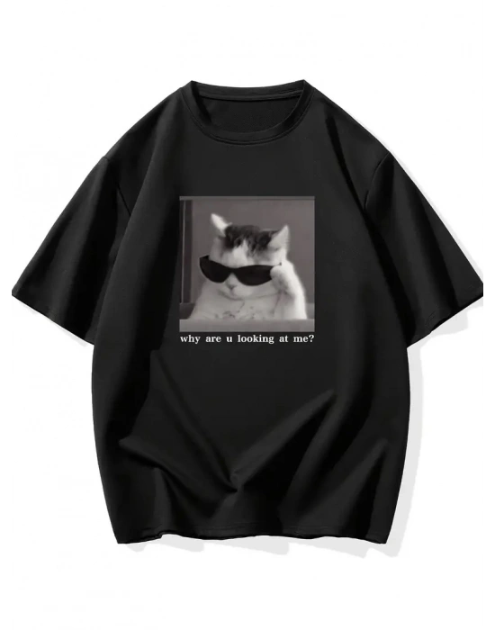 Neden Bana Bakıyorsun? Komik Kedi Grafik Tişört - Dijital Baskılı Siyah Bol - Siyah