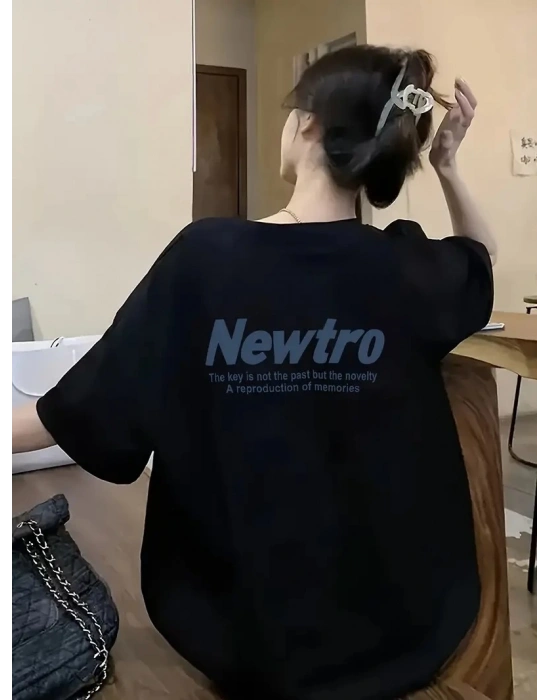 Newtro Baskılı Oversize Bisiklet Yaka T-shirt - Siyah