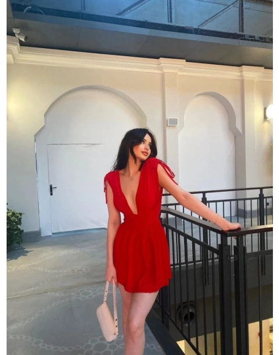 Omuzu ip Askılı Şortlu Elbise - Kırmızı