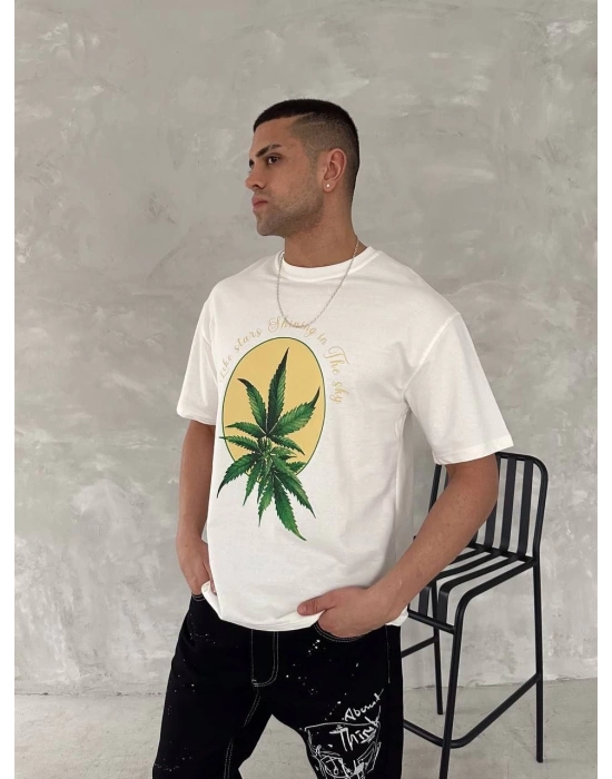 Ön ve Arka Baskılı Oversize Bisiklet Yaka - Beyaz