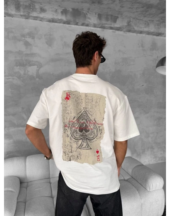 ERKEK Ön ve Arka Baskılı Oversize Bisiklet Yaka - Beyaz