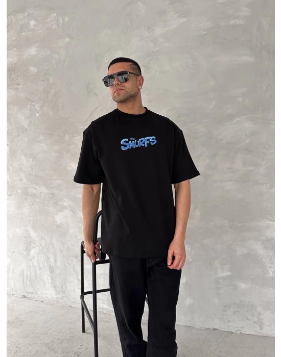 erkek Baskılı Oversize Bisiklet Yaka T-shirt- Siyah