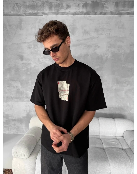 ERKEK Ön ve Arka Baskılı Oversize Bisiklet Yaka T-shirt - Siyah