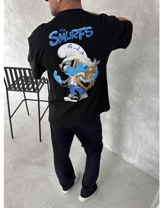 erkek Baskılı Oversize Bisiklet Yaka T-shirt- Siyah