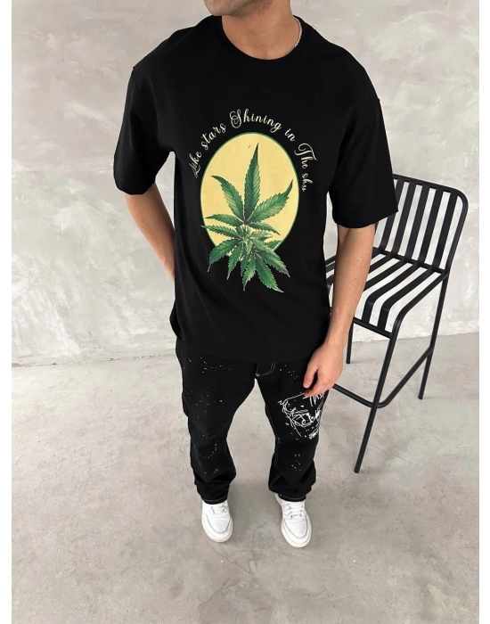 ERKEK  Baskılı Oversize Bisiklet Yaka T-shirt- Siyah