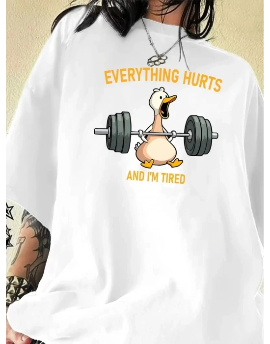 Ördek Baskılı ve Yuvarlak Yakalı Kadın Günlük Büyük Boy Siyah Tişört. - Beyaz