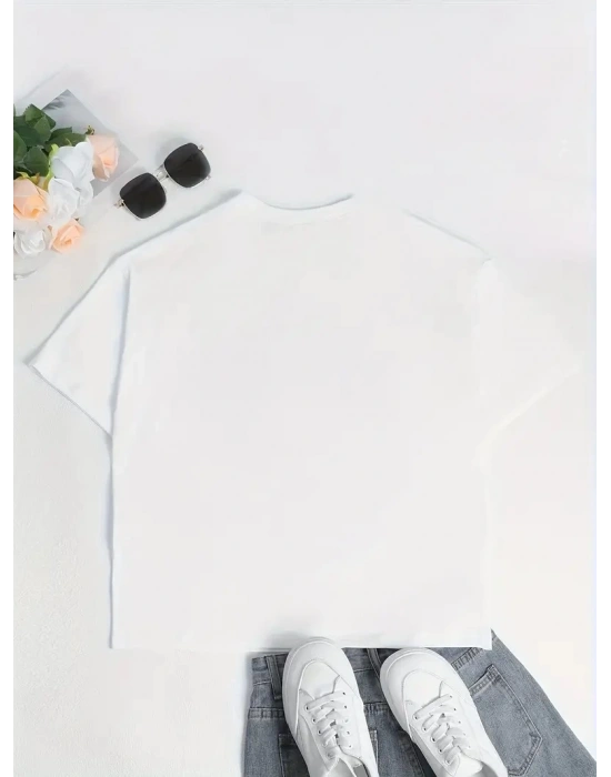 Ördek Baskılı ve Yuvarlak Yakalı Kadın Günlük Büyük Boy Siyah Tişört. - Beyaz
