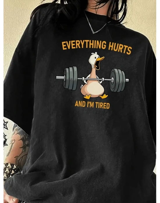 Ördek Baskılı ve Yuvarlak Yakalı Kadın Günlük Büyük Boy Siyah Tişört. - Siyah