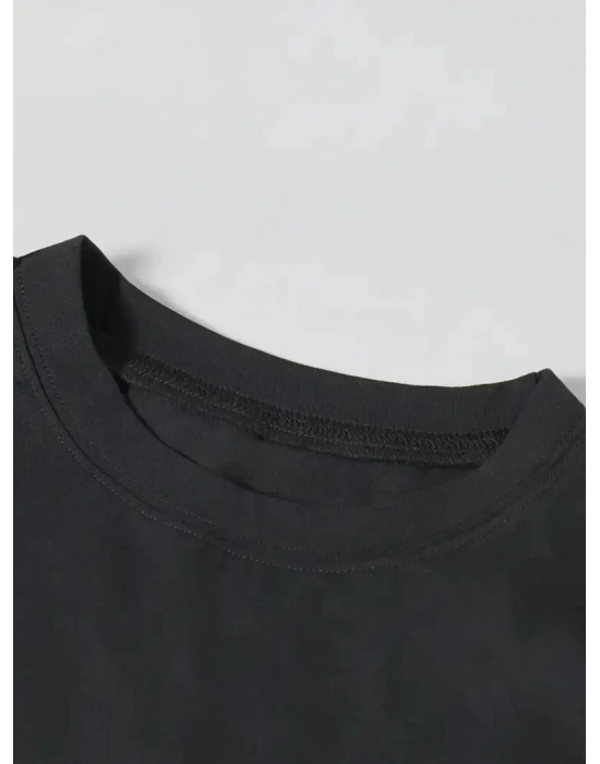 Ördek Baskılı ve Yuvarlak Yakalı Kadın Günlük Büyük Boy Siyah Tişört. - Siyah