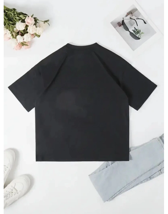 Ördek Baskılı ve Yuvarlak Yakalı Kadın Günlük Büyük Boy Siyah Tişört. - Siyah