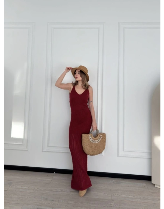 Örgülü Uzun Triko Elbise - Bordo