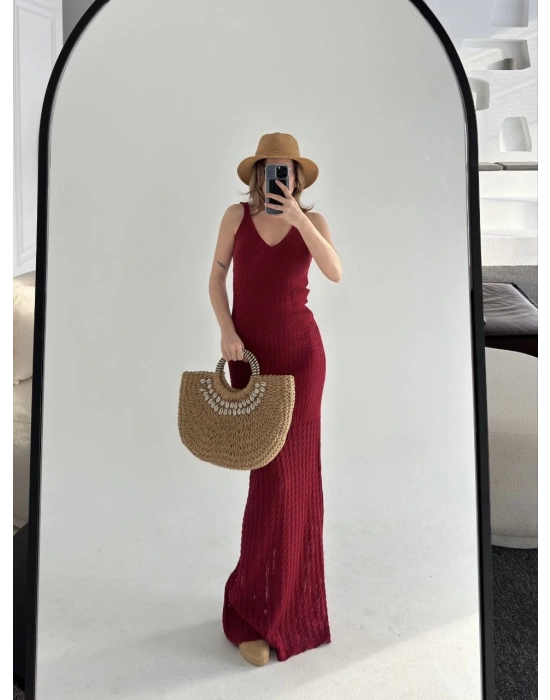 Örgülü Uzun Triko Elbise - Bordo