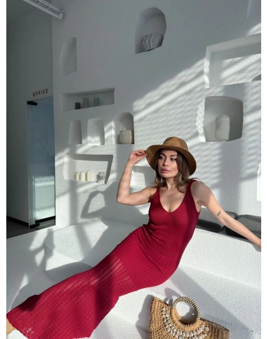 Örgülü Uzun Triko Elbise - Bordo