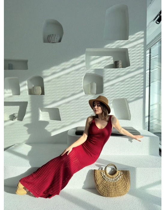 Örgülü Uzun Triko Elbise - Bordo