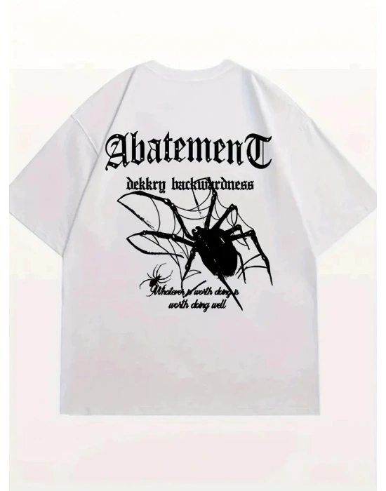 Örümcek Ağı Desenli Baskılı Oversize Bisiklet Yaka T-shirt - Beyaz