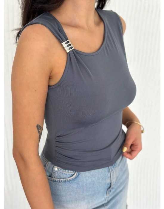 Osy Modal Yumuşak Dokulu Bisiklet Yaka Kadın Sıfır Kol Bluz Omuz Toka Aksesuar - Antrasit