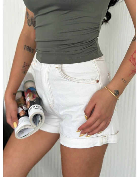 Osy Modal Yumuşak Dokulu Bisiklet Yaka Kadın Sıfır Kol Bluz Omuz Toka Aksesuar - Haki