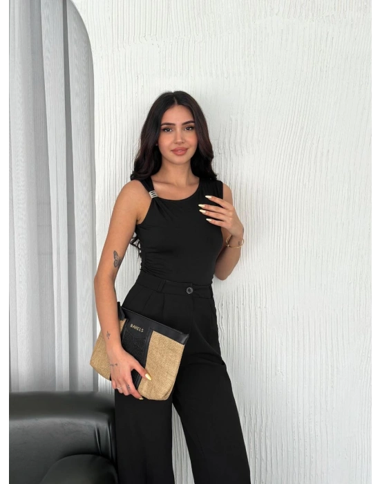 Osy Modal Yumuşak Dokulu Bisiklet Yaka Kadın Sıfır Kol Bluz Omuz Toka Aksesuar - Siyah