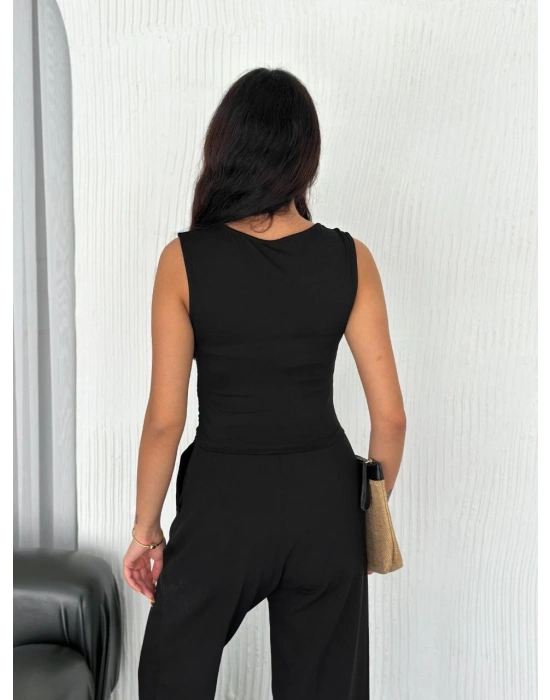 Osy Modal Yumuşak Dokulu Bisiklet Yaka Kadın Sıfır Kol Bluz Omuz Toka Aksesuar - Siyah