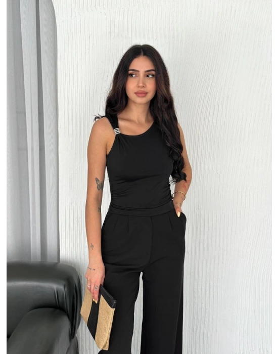 Osy Modal Yumuşak Dokulu Bisiklet Yaka Kadın Sıfır Kol Bluz Omuz Toka Aksesuar - Siyah