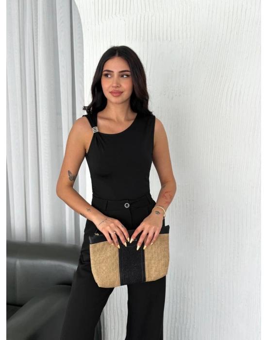 Osy Modal Yumuşak Dokulu Bisiklet Yaka Kadın Sıfır Kol Bluz Omuz Toka Aksesuar - Siyah