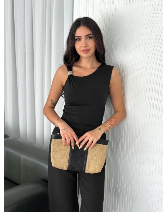 Osy Modal Yumuşak Dokulu Bisiklet Yaka Kadın Sıfır Kol Bluz Omuz Toka Aksesuar - Siyah