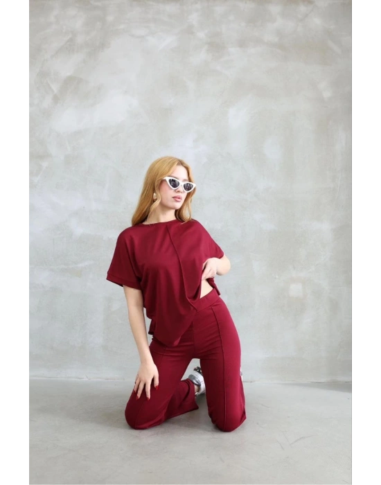 Osy Modal Yumuşak dokulu Bisiklet Yaka Kısa Kollu Takım - Bordo
