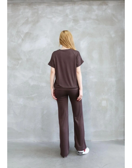 Osy Modal Yumuşak dokulu Bisiklet Yaka Kısa Kollu Takım - Kahverengi