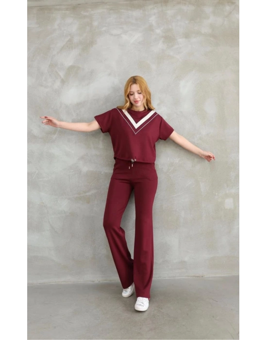 Osy Modal Yumuşak dokulu Bisiklet Yaka Parçalı detaylı Kısa Kollu Takım - Bordo