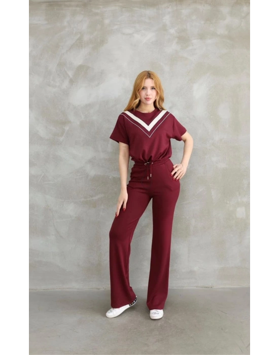 Osy Modal Yumuşak dokulu Bisiklet Yaka Parçalı detaylı Kısa Kollu Takım - Bordo