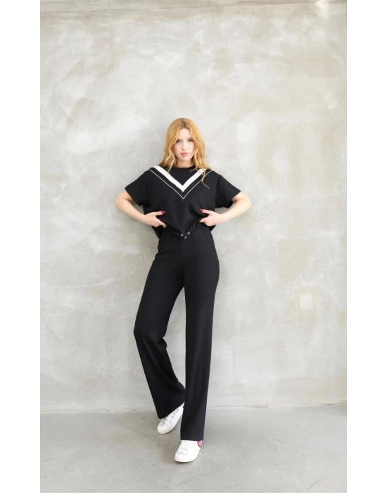 Osy Modal Yumuşak dokulu Bisiklet Yaka Parçalı detaylı Kısa Kollu Takım - Siyah