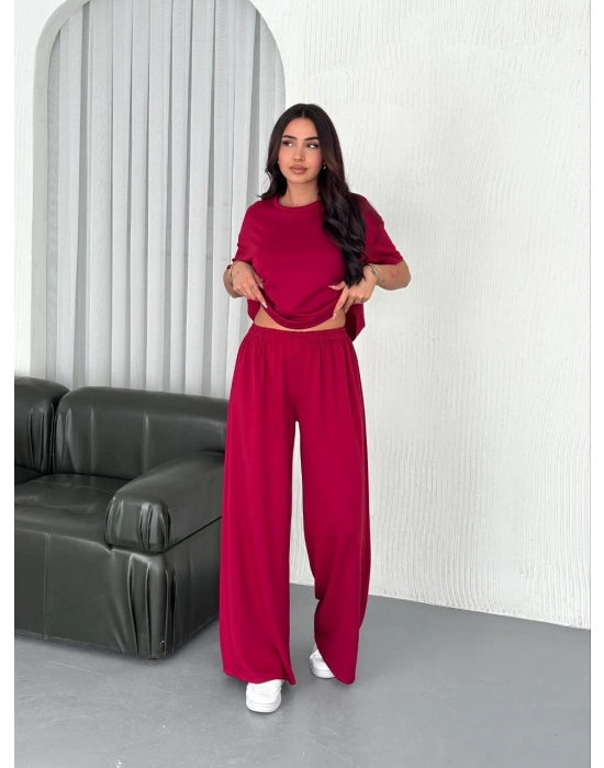 Osy Modal Yumuşak Dokulu Kumaş Bisiklet Yaka T-shirt Bol paça Pantalon ikili Takım -Bordo