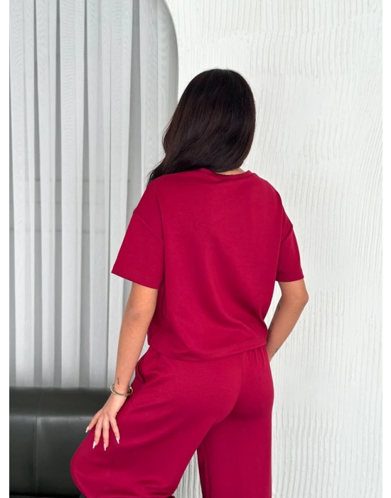 Osy Modal Yumuşak Dokulu Kumaş Bisiklet Yaka T-shirt Bol paça Pantalon ikili Takım -Bordo