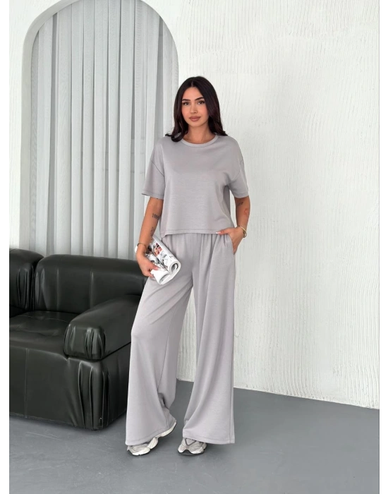 Osy Modal Yumuşak Dokulu Kumaş Bisiklet Yaka T-shirt Bol paça Pantalon ikili Takım - Boyalı Gri