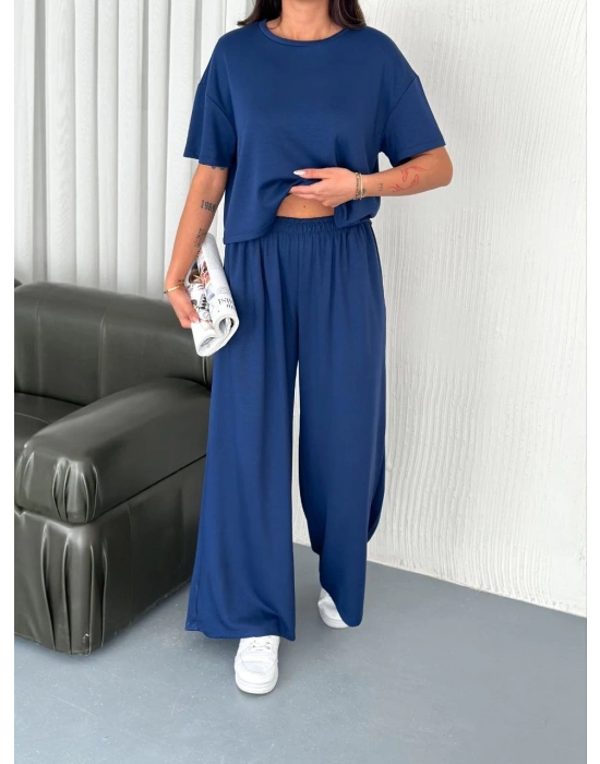 Osy Modal Yumuşak Dokulu Kumaş Bisiklet Yaka T-shirt Bol paça Pantalon ikili Takım -Saks Mavi