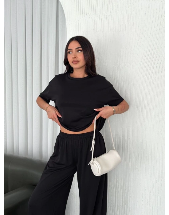 Osy Modal Yumuşak Dokulu Bisiklet Yaka Bol paça Pantalon ikili Takım - Siyah