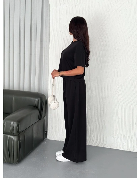 Osy Modal Yumuşak Dokulu Bisiklet Yaka Bol paça Pantalon ikili Takım - Siyah