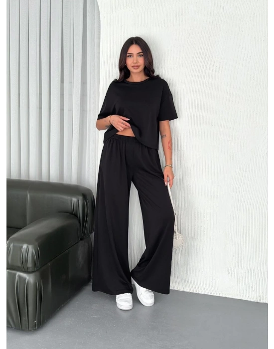 Osy Modal Yumuşak Dokulu Bisiklet Yaka Bol paça Pantalon ikili Takım - Siyah